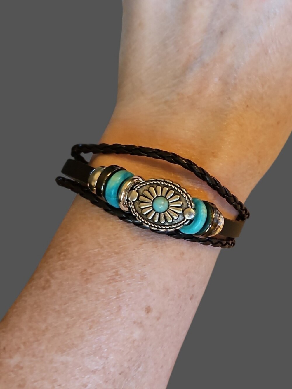 Western Boho Turquoise Color Accent Faux Braided Leather Bracelet